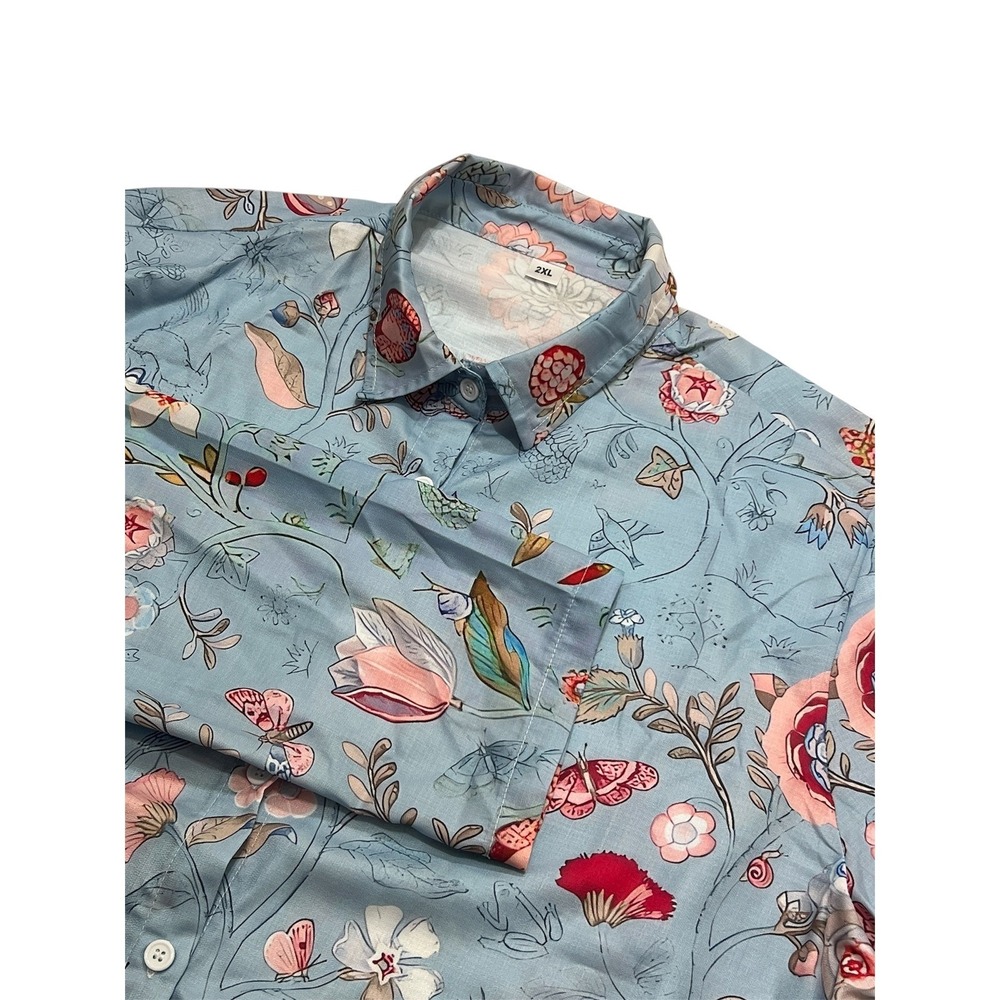 Womens Plus 2XL Floral Print Button Up Long Sleeve Blouse Shirt Top Boho